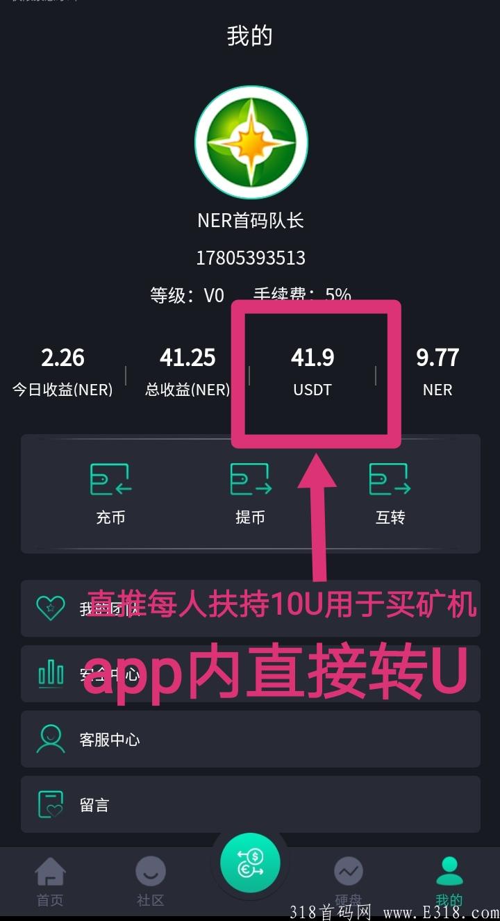 社区挖币NER：注册送一个kuang机，我再扶持一个永久kuang机！