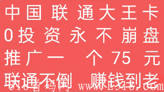 中国联通大王卡，0投资，月租只要9元的流量卡。办理还奖励75元，推广还有三代收益。