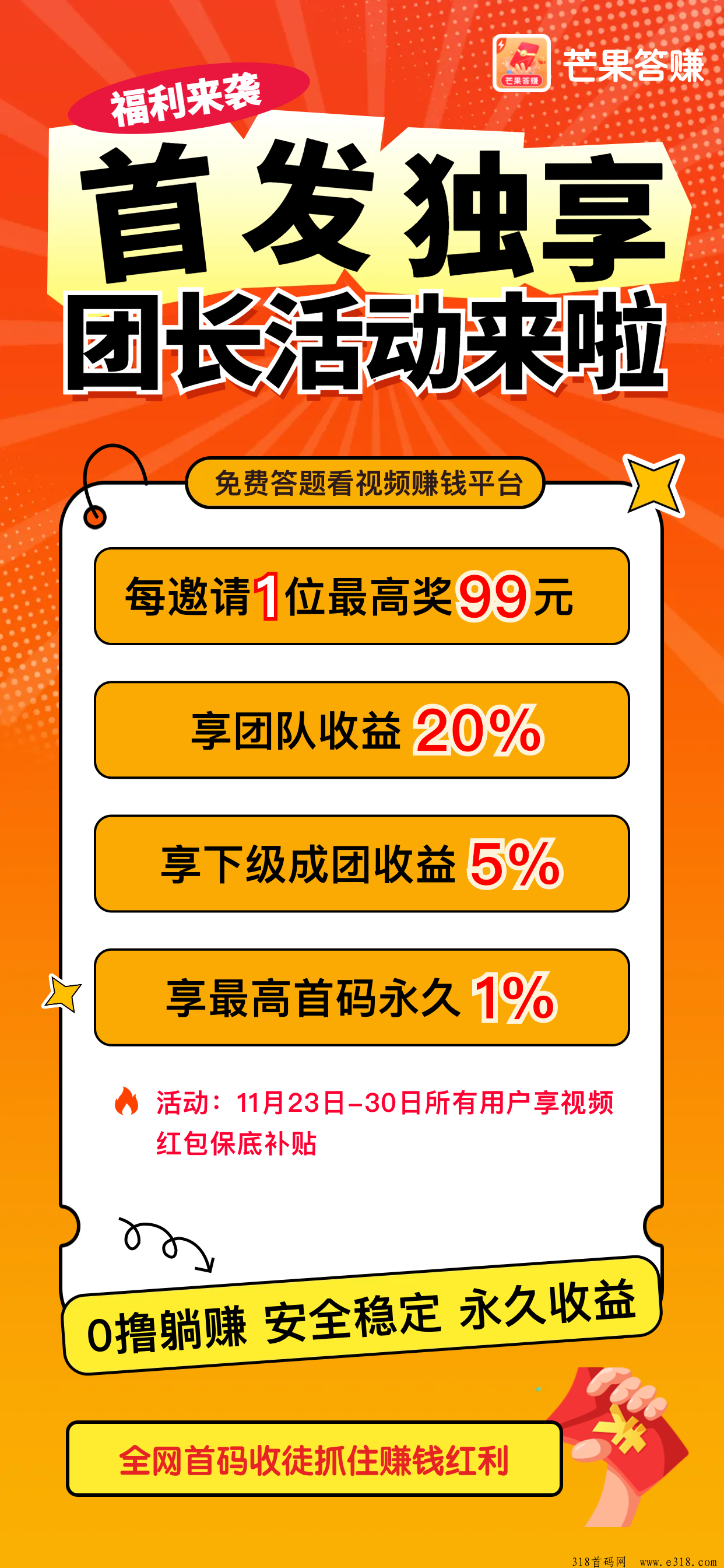 芒果答赚首码首发，0撸不养机，可开团长提现秒到